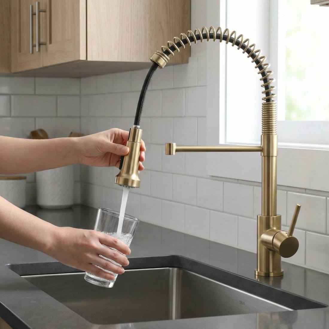 Baterie de bucatarie Monocomanda, auriu periat, cu dus extractibil si arc