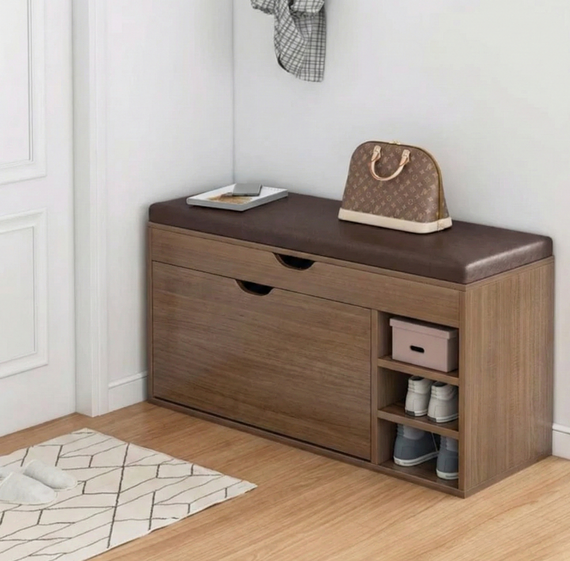 Pantofar tip Bancheta cu Rafturi, Alb/Maro - Maro / 100 x 34 x 51 cm