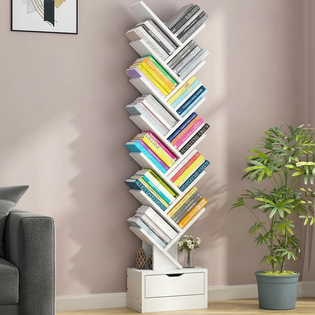 Biblioteca verticala in forma de copac cu sertare, rafturi modulare, organizator