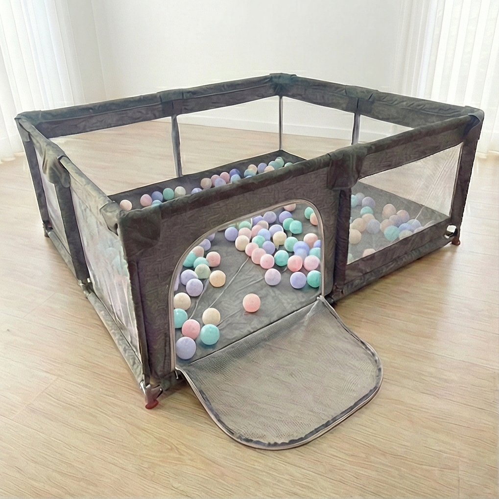 Parc de joacă interior (tarc) pentru copii, cu fermoar si bile, 180×200 cm, gri