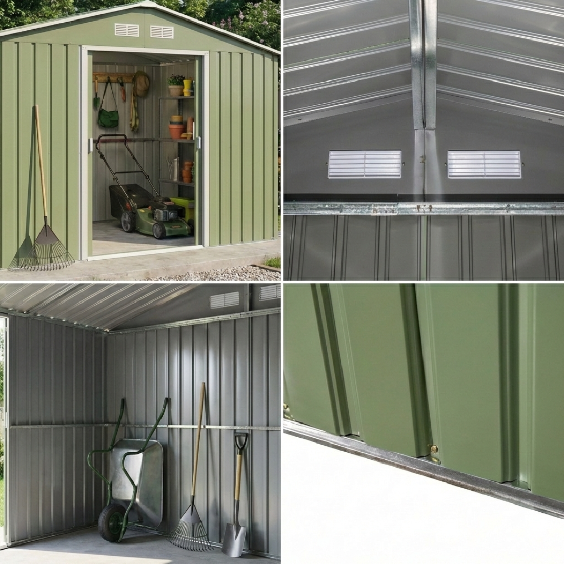Magazie de gradina 277 x 195 x 192cm cu usi glisante duble, 4 orificii de aerisire, din otel durabil, verde