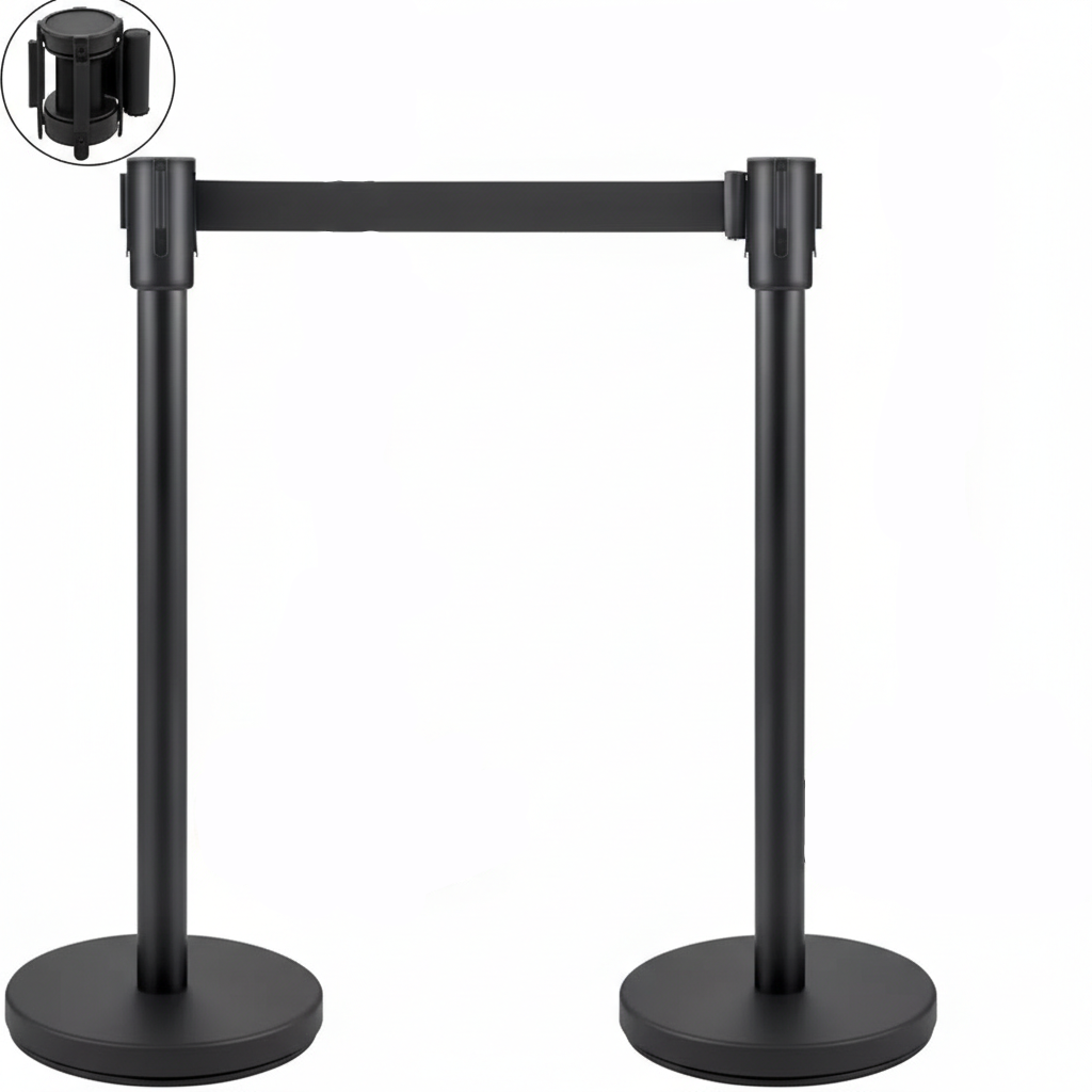 Set 2 Stalpi Delimitare cu Banda Retractabila 2m, Sistem Ghidare Persoane