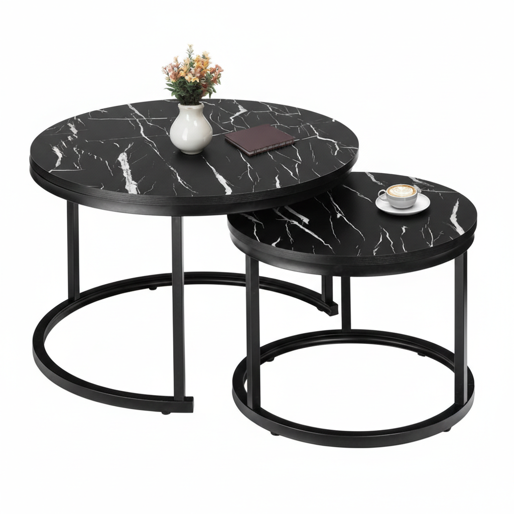 Set 2 masute de cafea negre cu efect marmura, diametru 80/60 cm