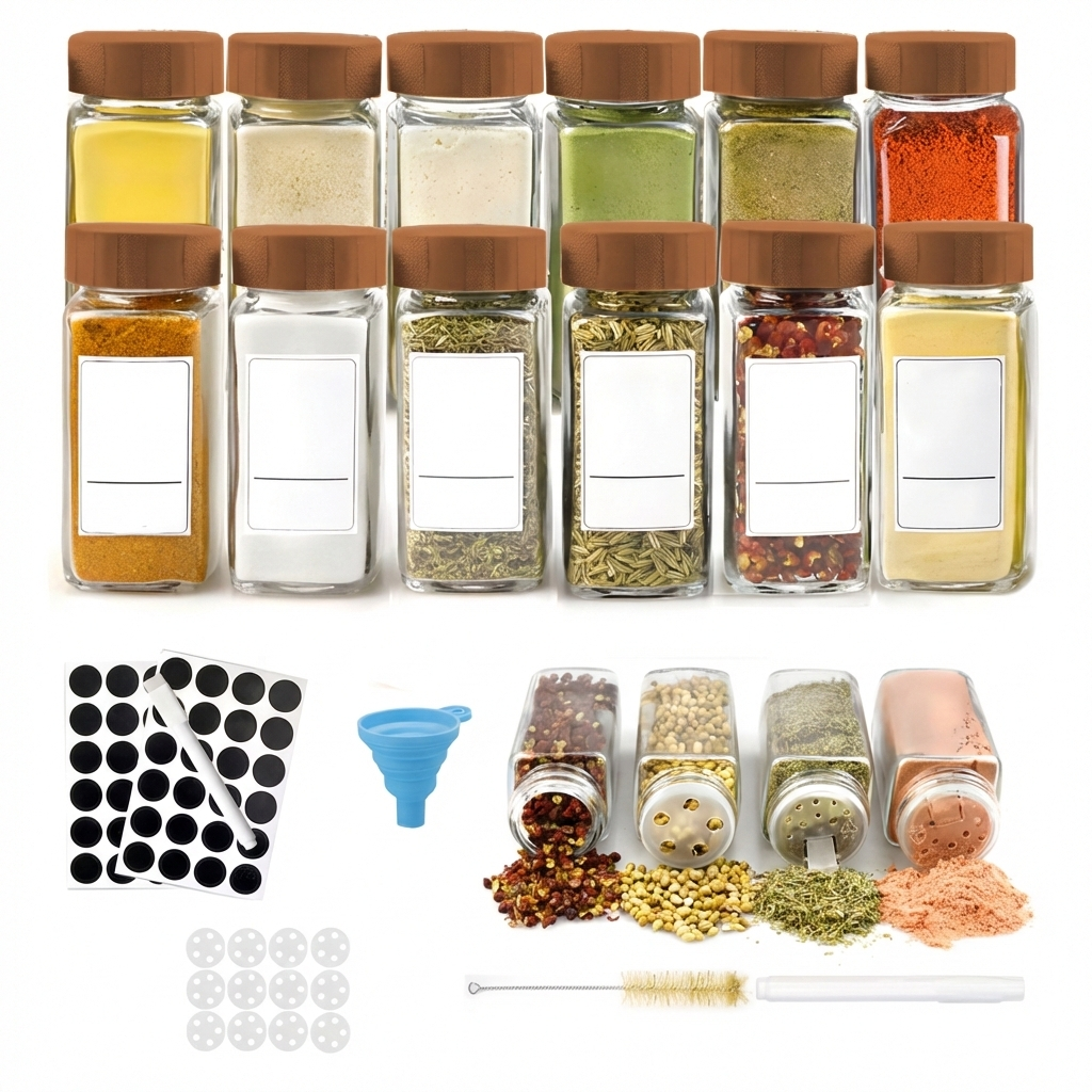 Set 12 recipiente condimente, borcane sticla cu capac bambus, palnie, perie, site, etichete si marker