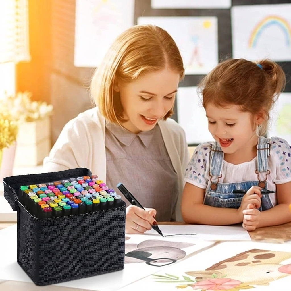 Set 80 markere colorate cu 2 capete, cu alcool + geanta depozitare