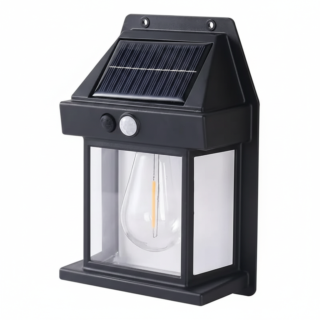 Lampa solara de perete tip felinar, senzor miscare, negru