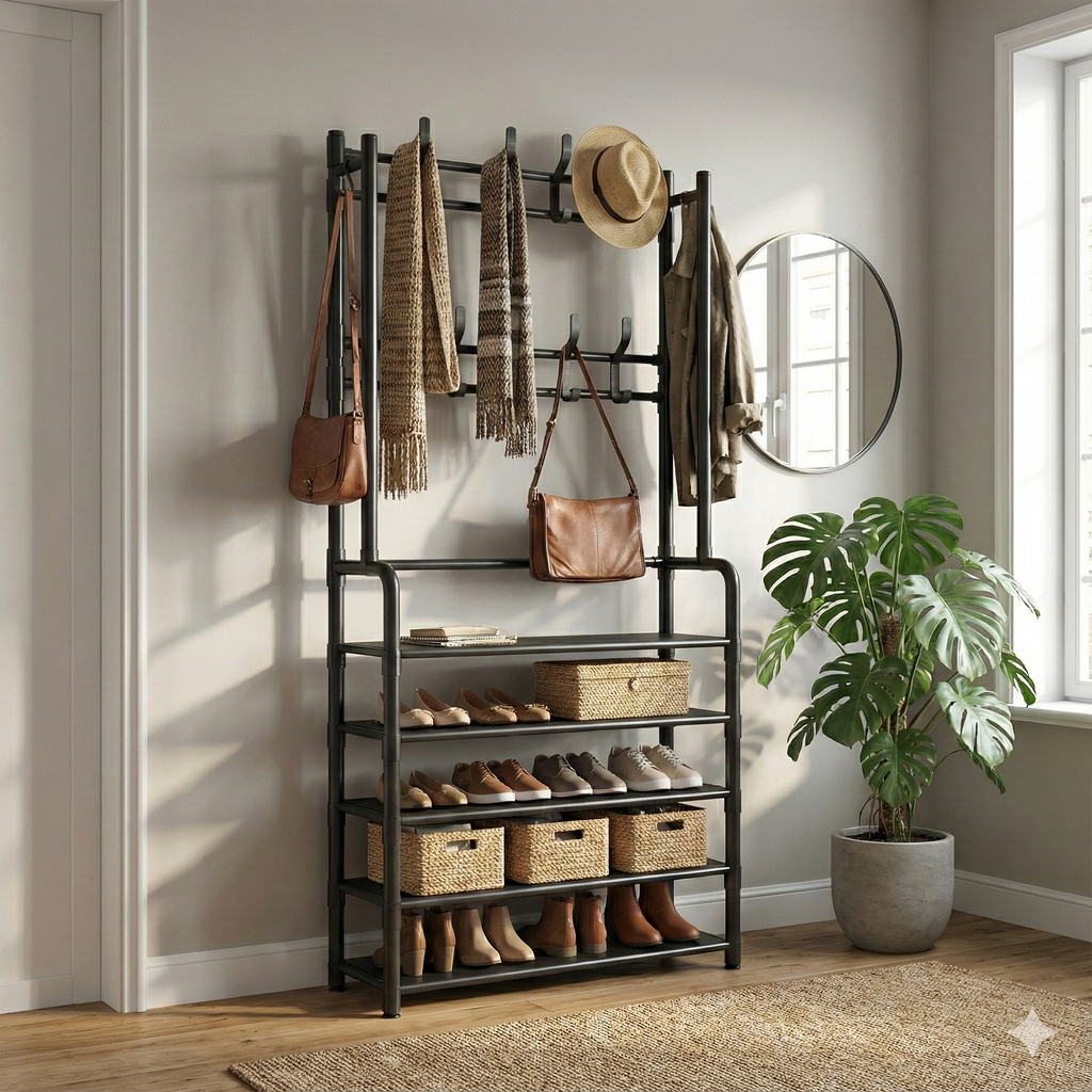 Cuier pentru haine cu suport pantofi, 5 rafturi , lungime 80 cm, Negru