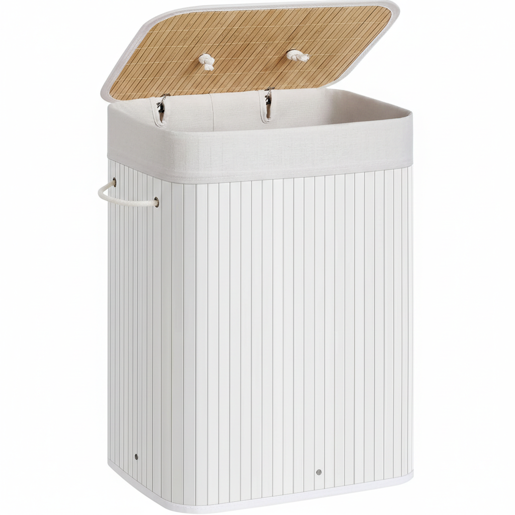 Cos de rufe din bambus, pliabil, cu captuseala detasabila, 72L, 40x30x60cm, alb