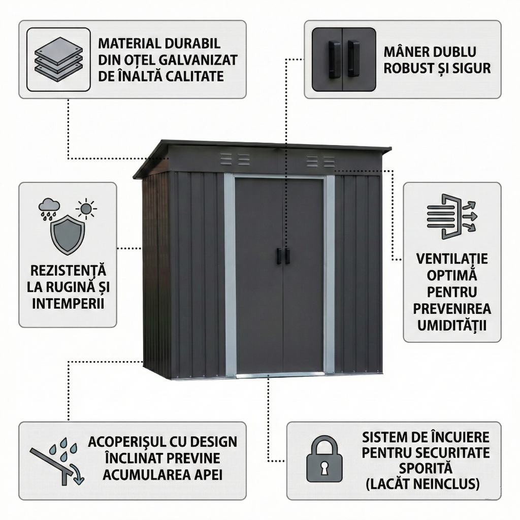 Magazie de Gradina, Tabla Otel Galvanizat, Usi Duble, Gura de Aerisire, Gri Antracit,196.2 x 110.4x 184 cm