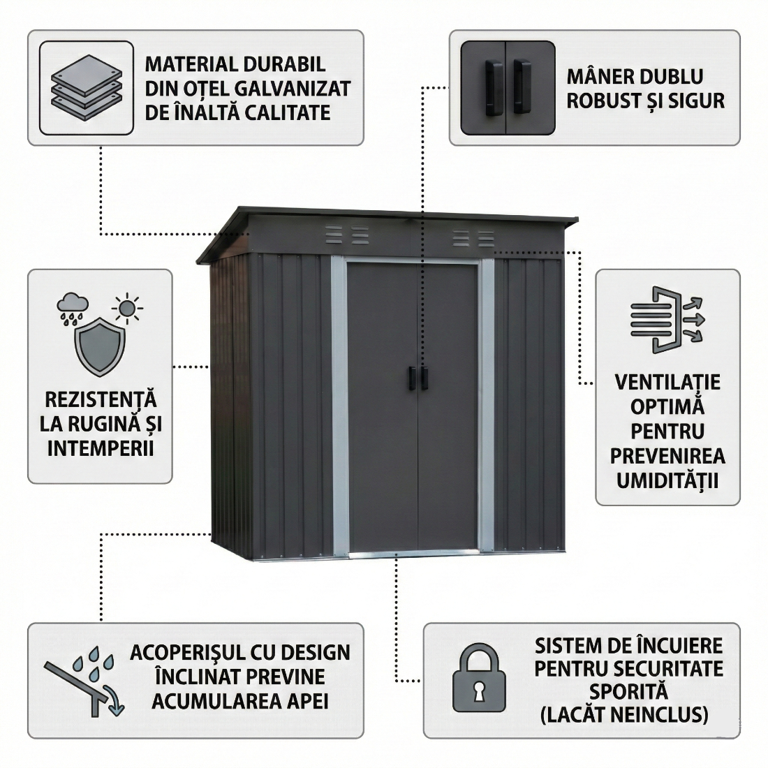 Magazie de Gradina, Tabla Otel Galvanizat, Usi Duble, Gura de Aerisire, Gri Antracit,196.2 x 110.4x 184 cm