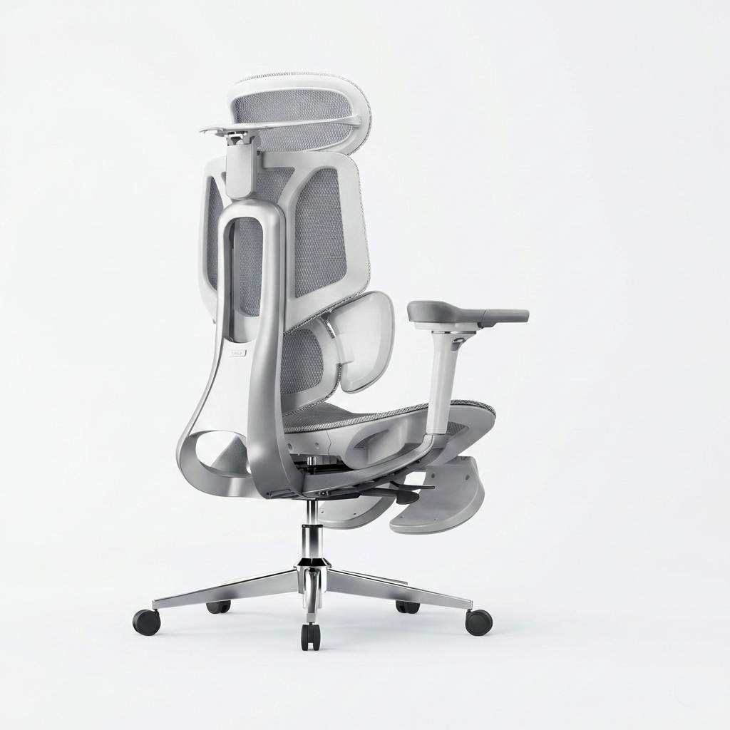 Scaun de birou ergonomic cu suport lombar dinamic, tetiera 3D si cotiere reglabile, mesh alb-gri