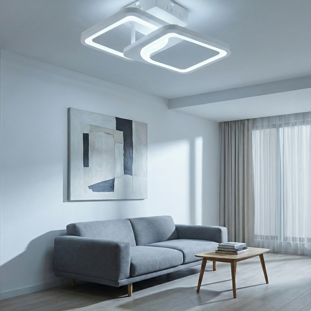 Lustra LED tavan 1+1 patrat alba, cu telecomanda, echivalent 300W, lustra moderna 40cm