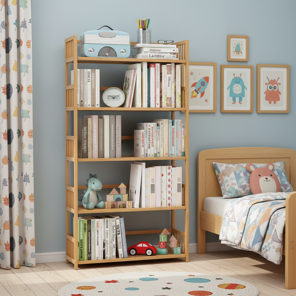 Biblioteca bambus 5 rafturi, 80x25x133 cm, design natural