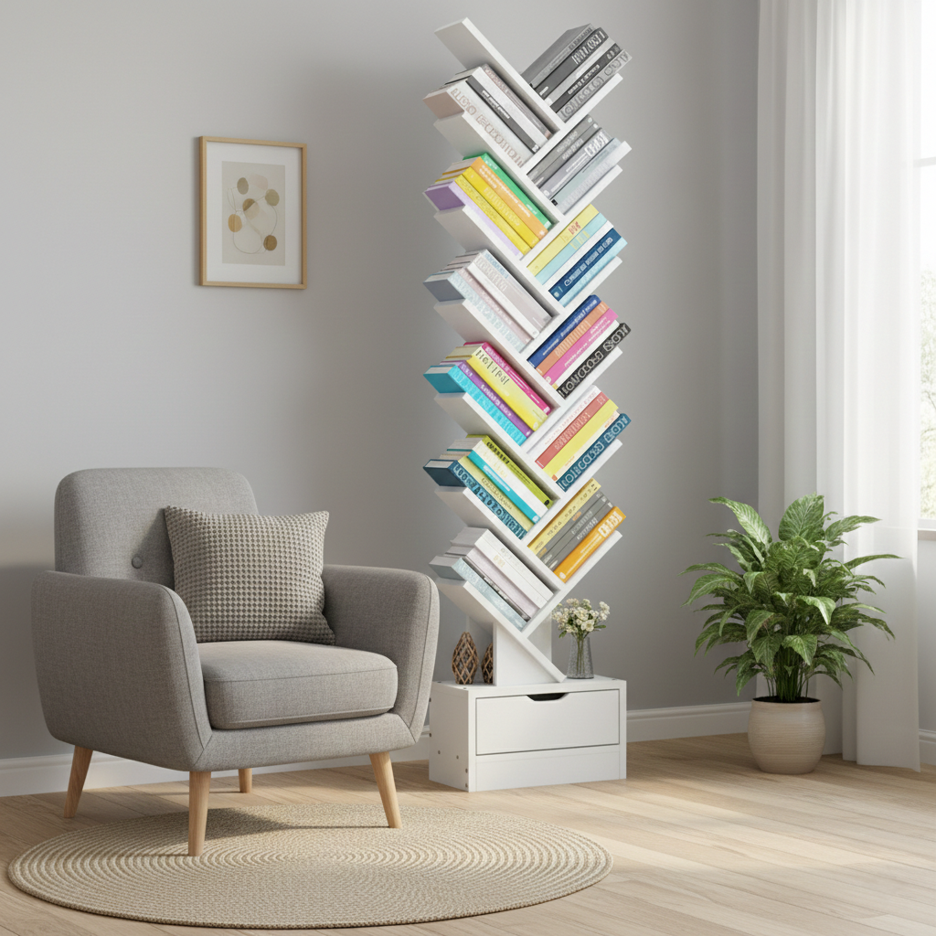 Biblioteca verticala in forma de copac cu sertare, rafturi modulare, organizator