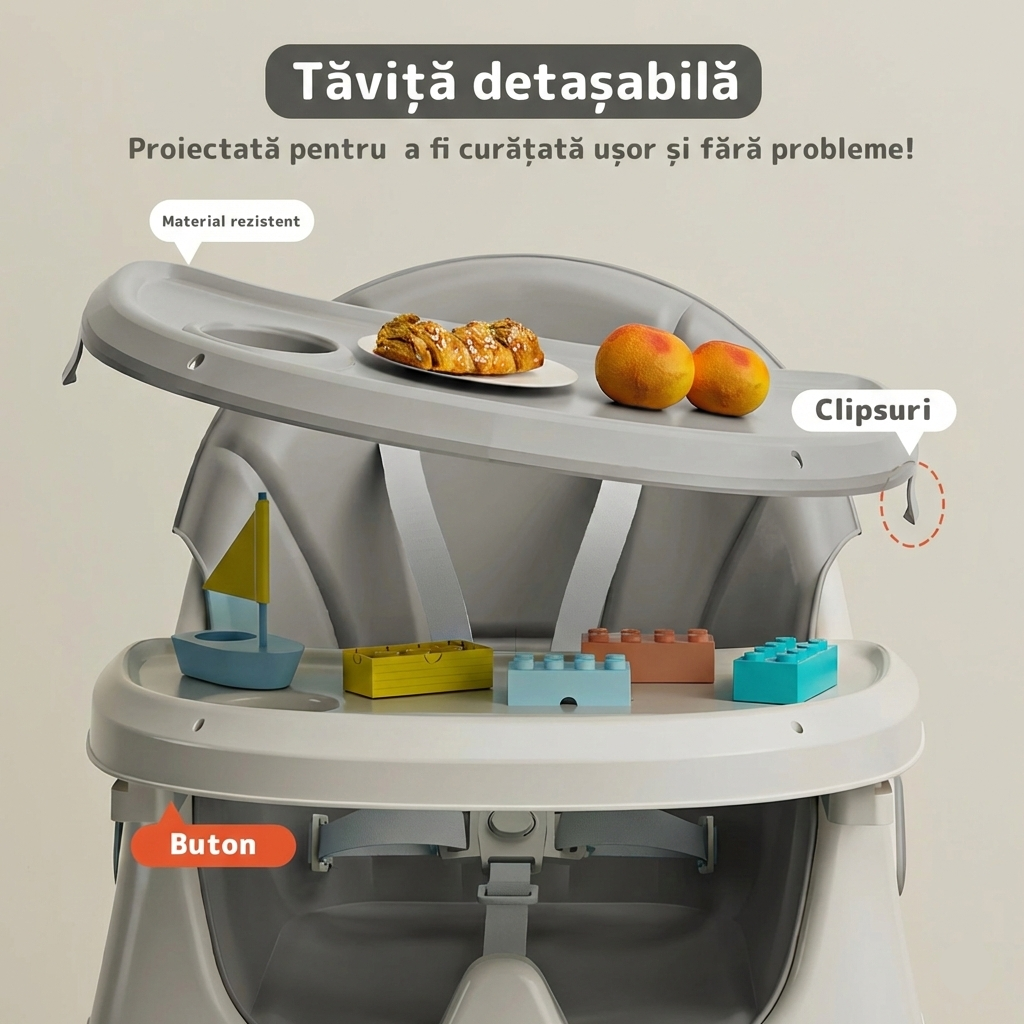 Scaun de masa 3 in 1 pentru bebelusi si copii, reglabil pe 3 niveluri, cu centura in 5 puncte si tavita detasabila, gri deschis