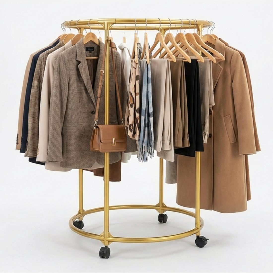 Suport rotund din oțel Inoxidabil pentru haine, cu roti, finisaj cromat, capacitate 40 kg