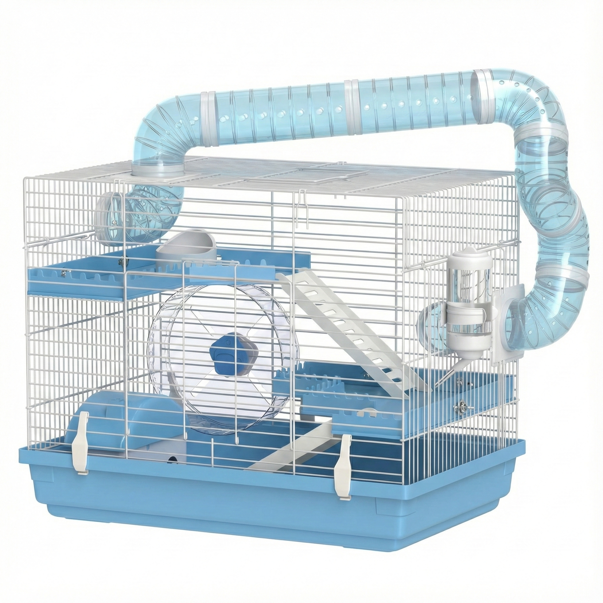 Cușcă pentru hamsteri cu 3 niveluri, roată, biberon, căsuță și tuneluri, 47.5×31.5×29.5 cm, albastru deschis