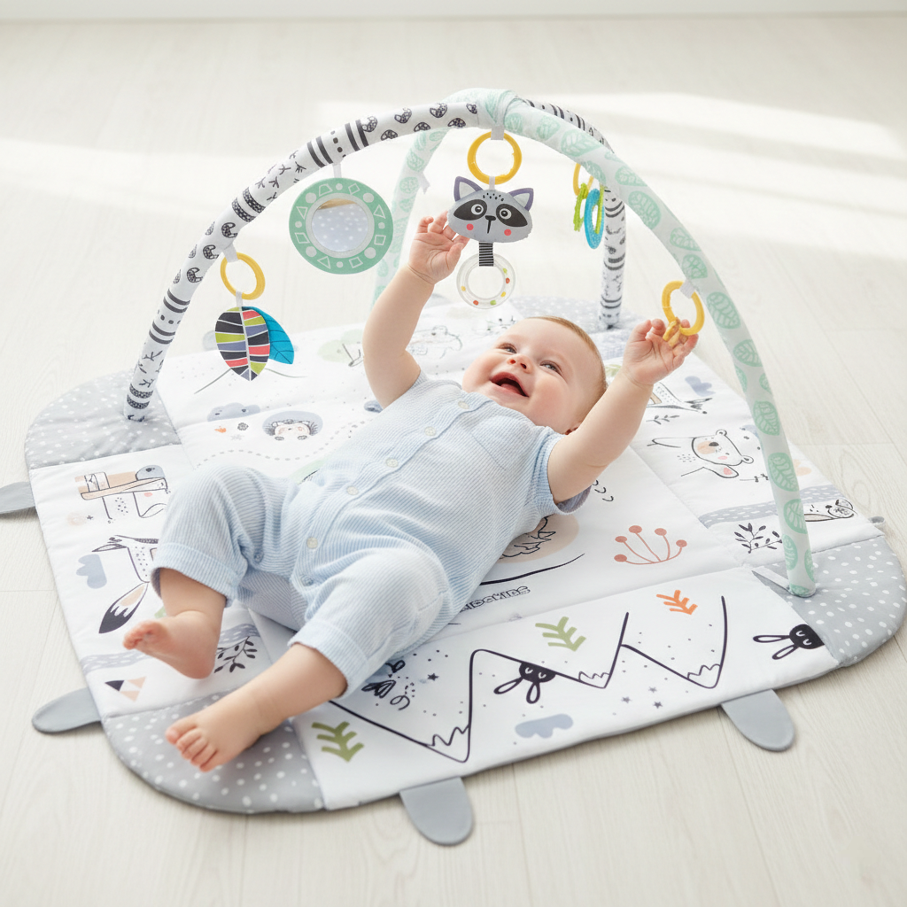 Covoras de joaca 3 in 1 cu pod si perna, model animale din padure, alb-gri