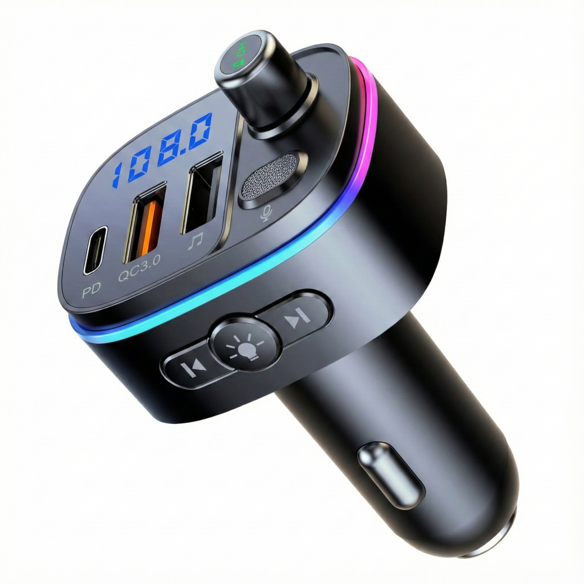 Modulator FM Bluetooth pentru masina, 3 porturi, mp3 player, lumini ambientale