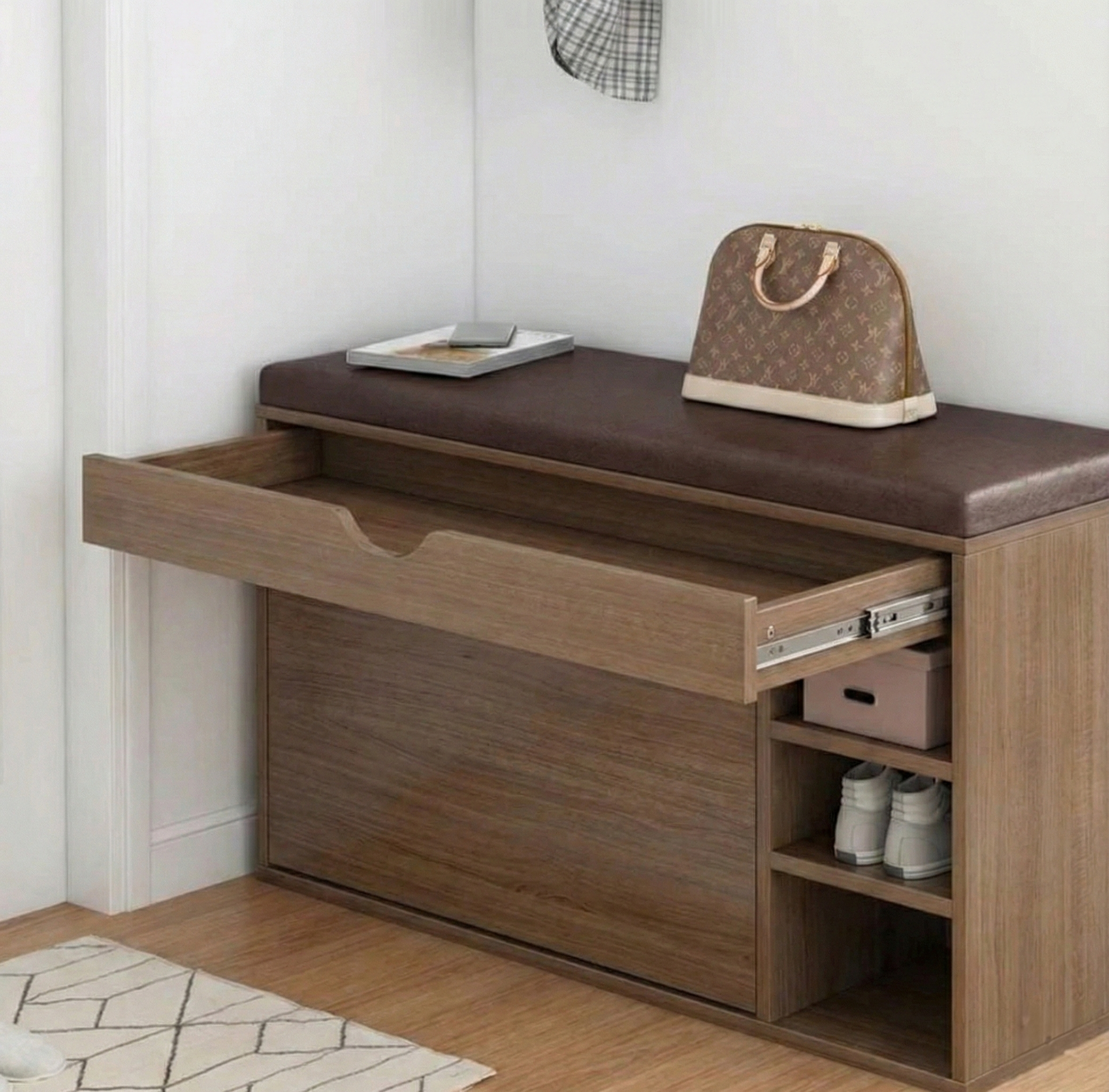 Pantofar tip Bancheta cu Rafturi, Alb/Maro - Maro / 100 x 34 x 51 cm