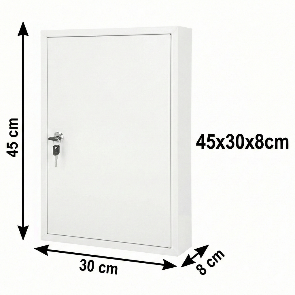 Cutie metalica pentru 64 chei, din otel, echipata cu carlige si etichete, 45x30x8cm, alba