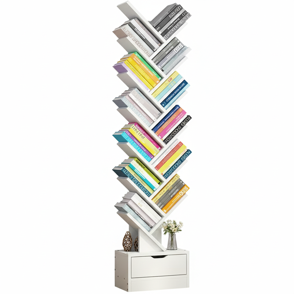 Biblioteca verticala in forma de copac cu sertare, rafturi modulare, organizator