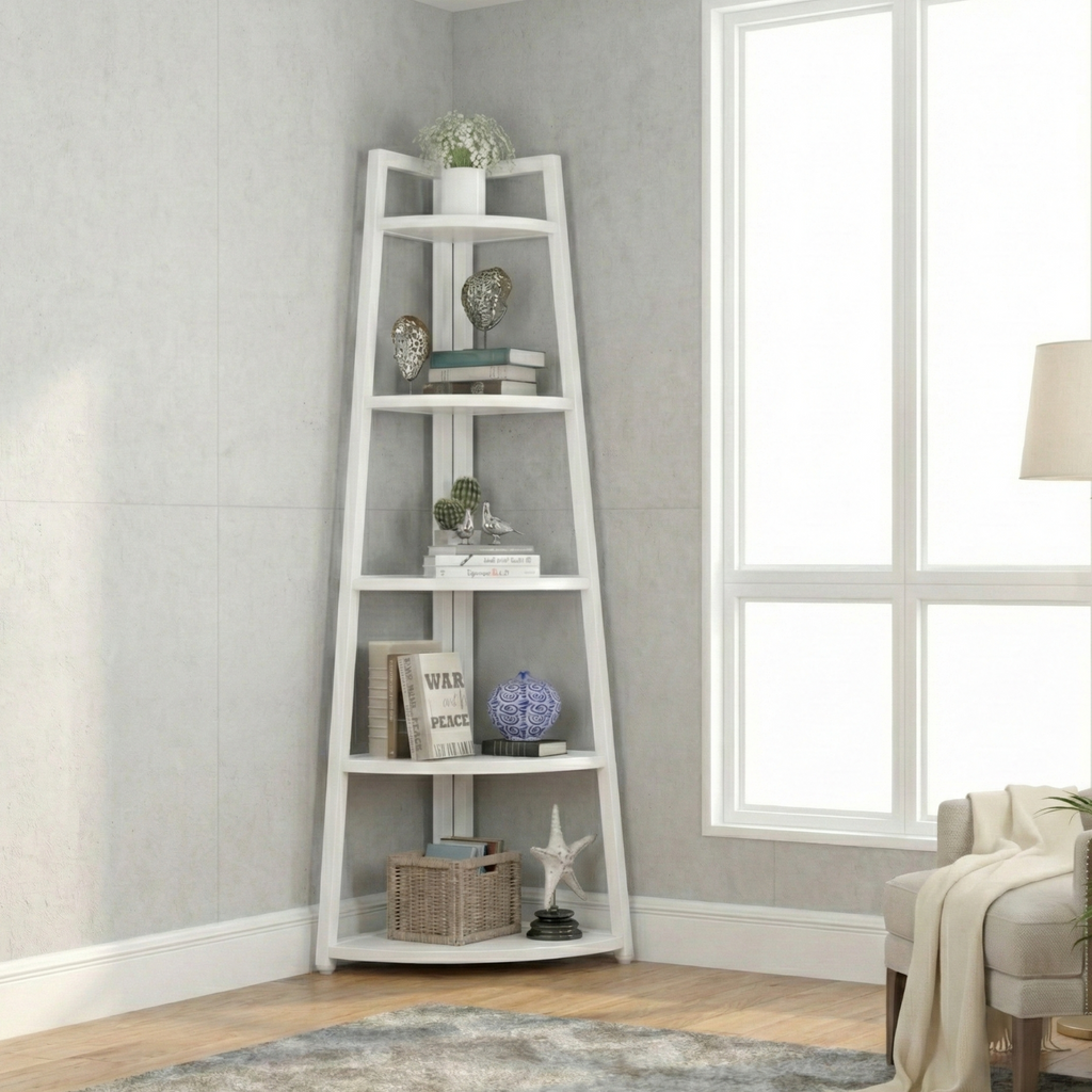 Raft biblioteca de colt cu 5 polite, alb, 52 x 34 x 110cm