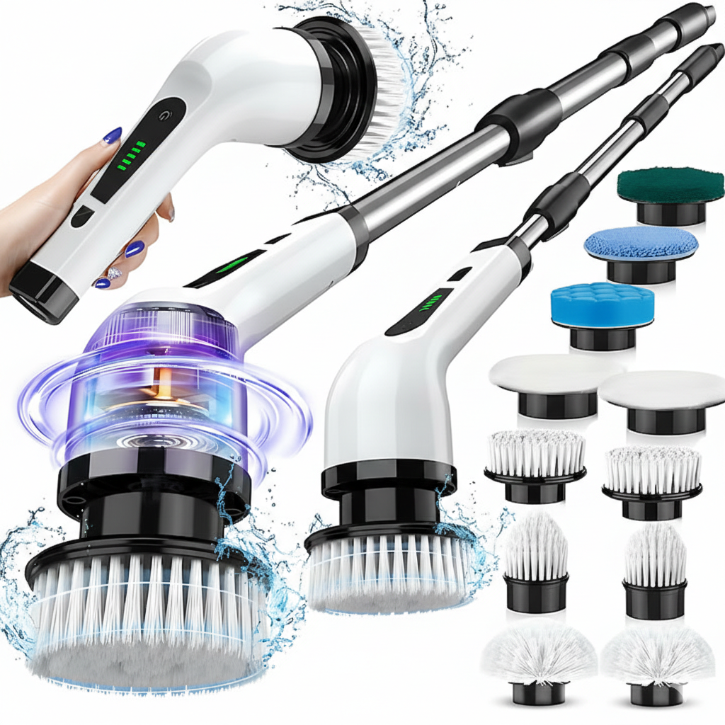 Perie electrică rotativă cu mâner extensibil, 9 capete, 2 viteze