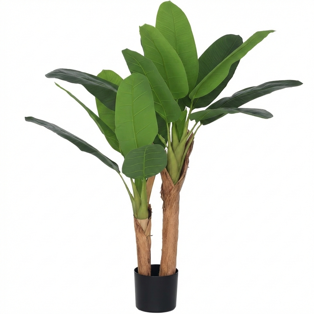 Planta artificiala bananier cu ghiveci, 2 trunchiuri si 15 frunze, 120 cm, decor interior verde