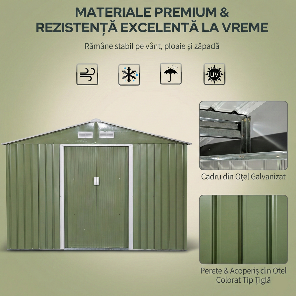 Magazie de gradina 277 x 195 x 192cm cu usi glisante duble, 4 orificii de aerisire, din otel durabil, verde