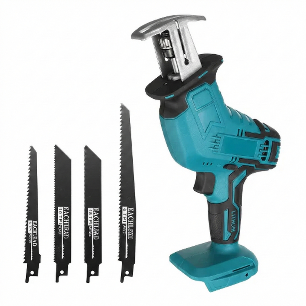 Fierastrau Electric Tip Sabie 21V High Power, Autonomie Dubla (2 Acumulatori), Include 4 Lame Tăiere Lemn/Metal, Albastru