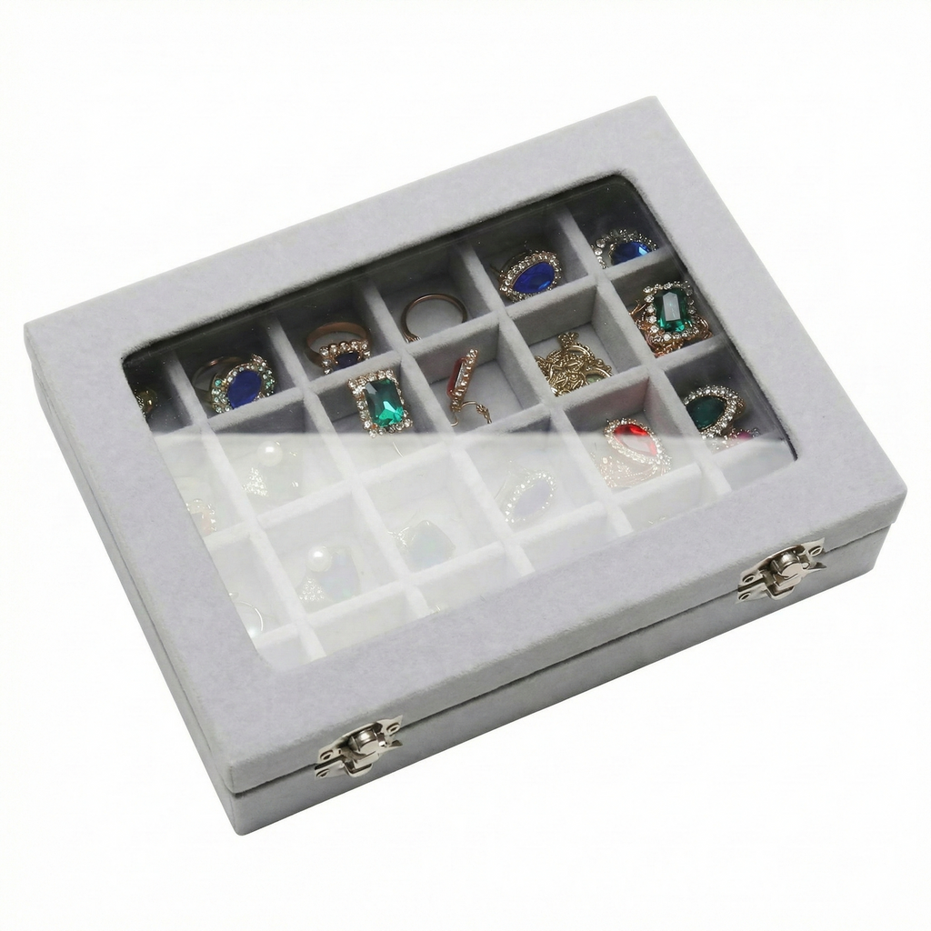 Cutie de bijuterii tip organizator cu capac din sticla transparenta, pentru coliere, inele si cercei