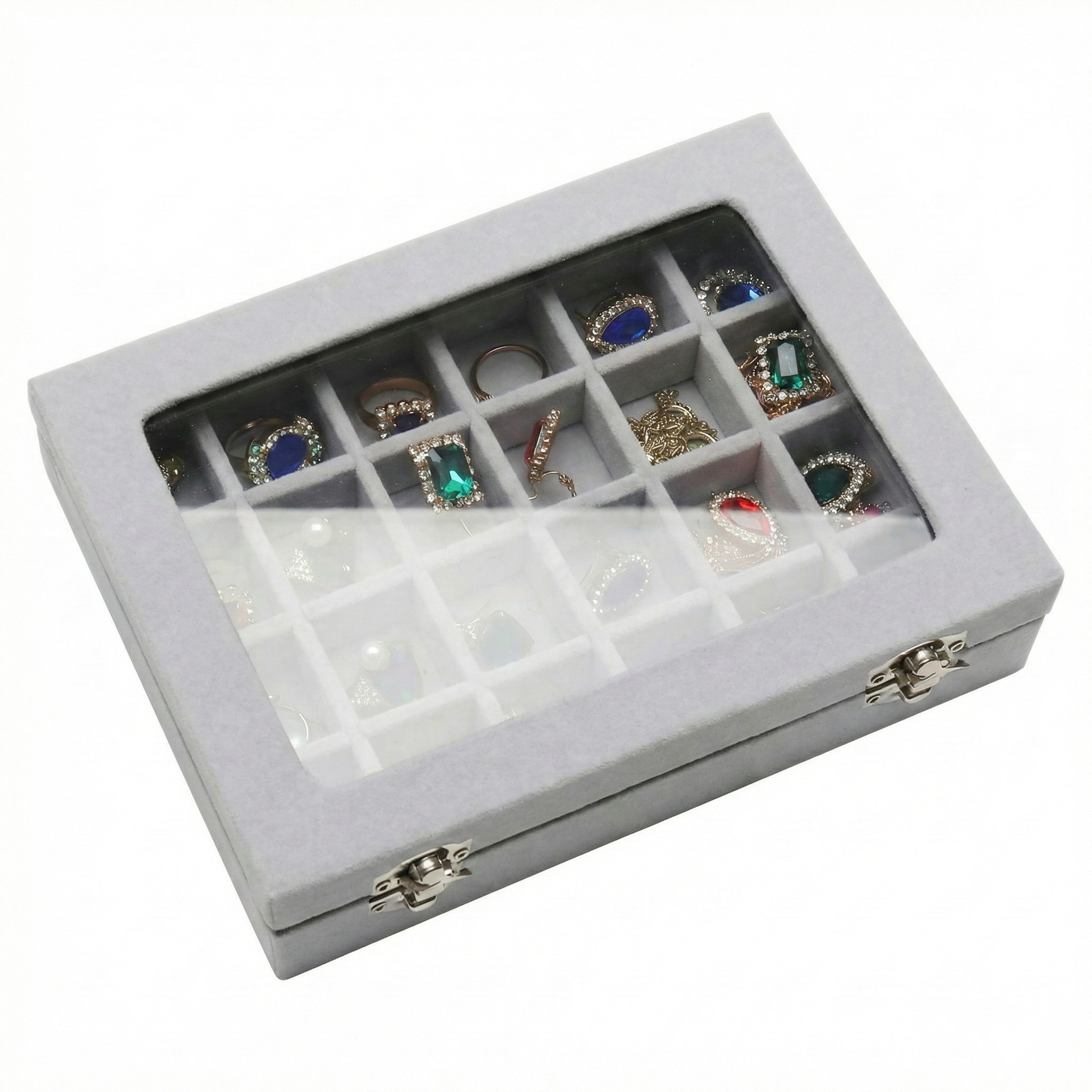 Cutie de bijuterii tip organizator cu capac din sticla transparenta, pentru coliere, inele si cercei