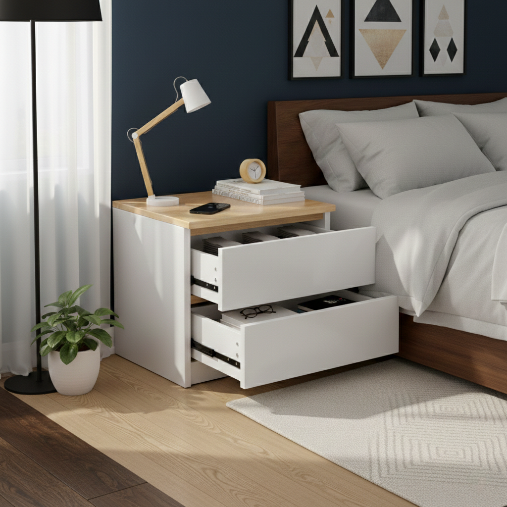 Noptiera moderna cu 2 sertare alba cu blat de lemn