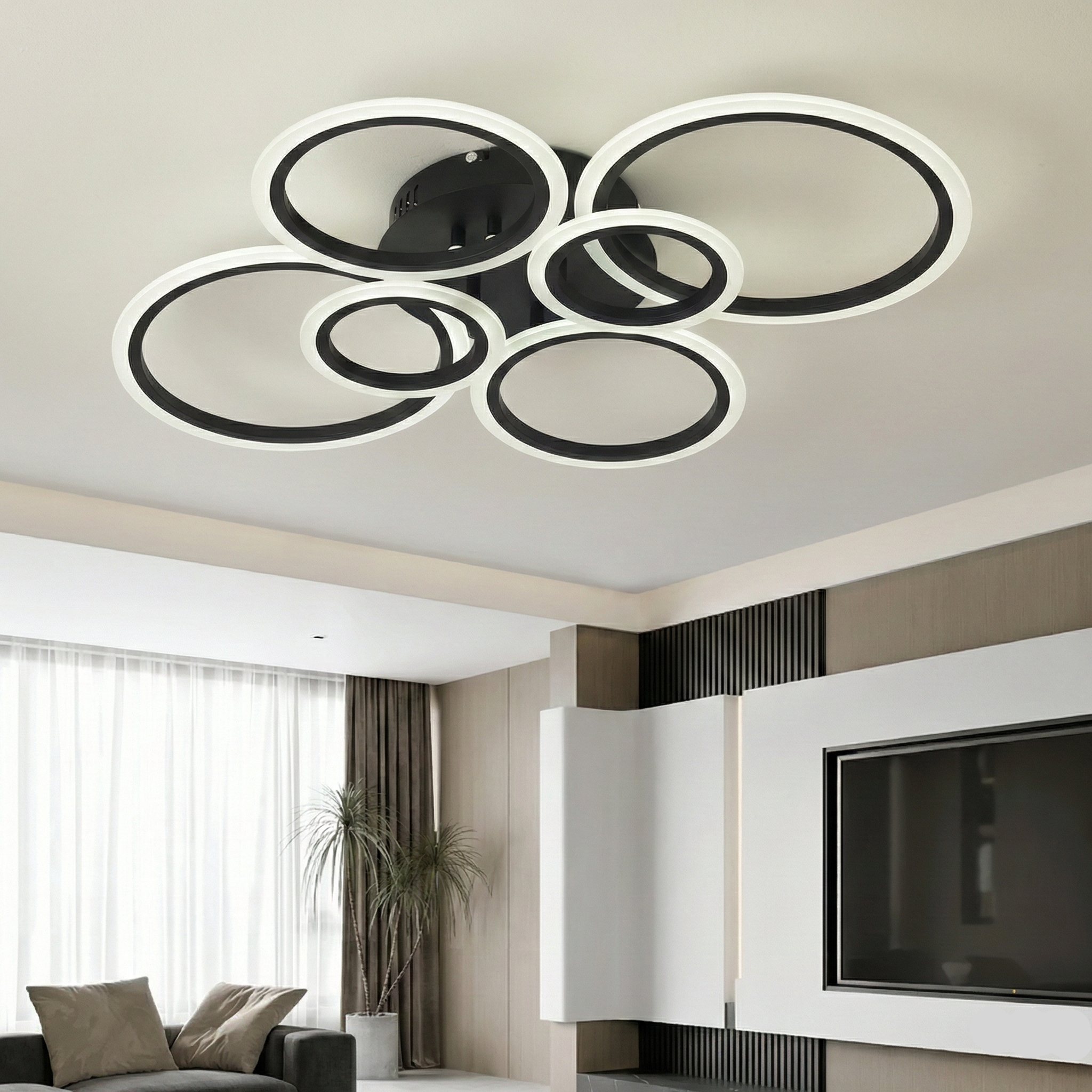Lustra LED tavan 4+2 cercuri neagra, cu telecomanda, echivalent 600W, design modern living