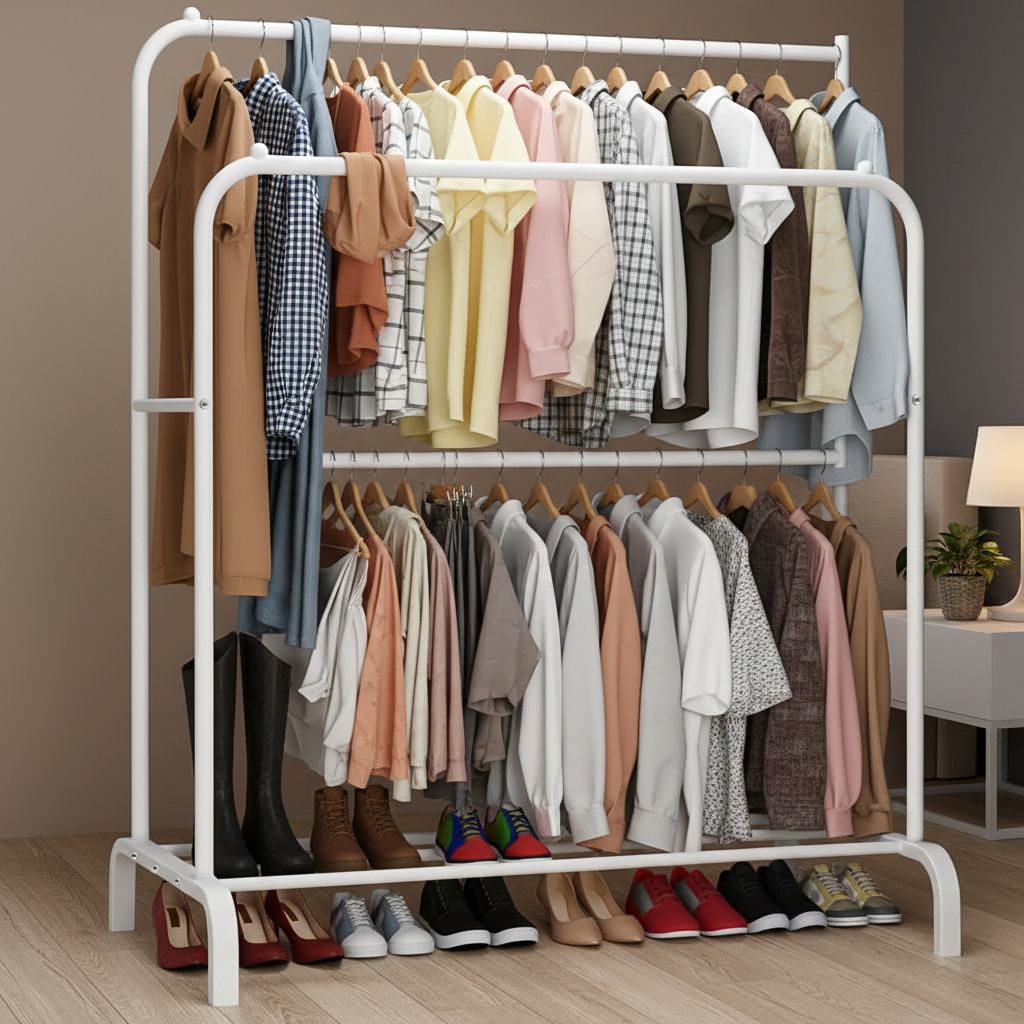 Suport dublu de umerase pentru haine, din metal, cu suport pentru pantofi - Cu Roti / Alb