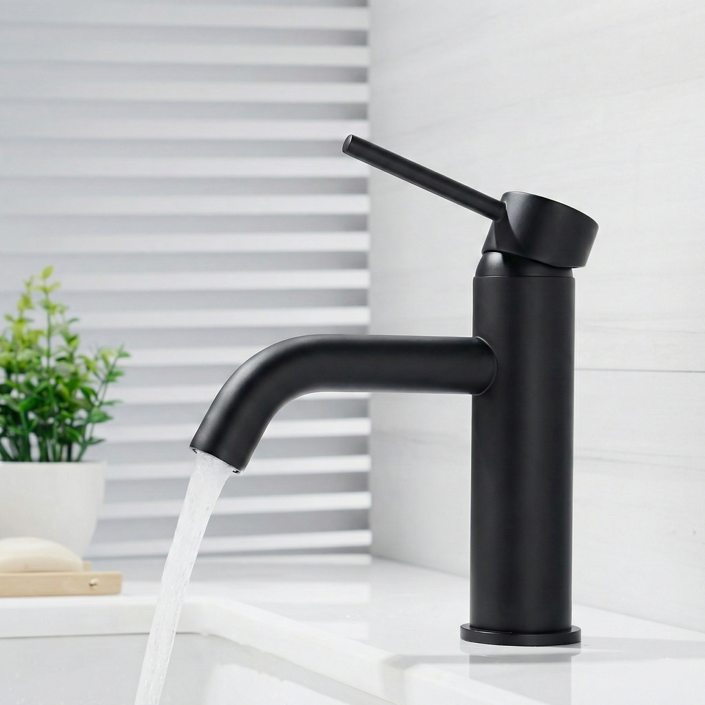 Robinet Lavoar Negru mat black low, montaj pe blat, design modern, înălțime joasă