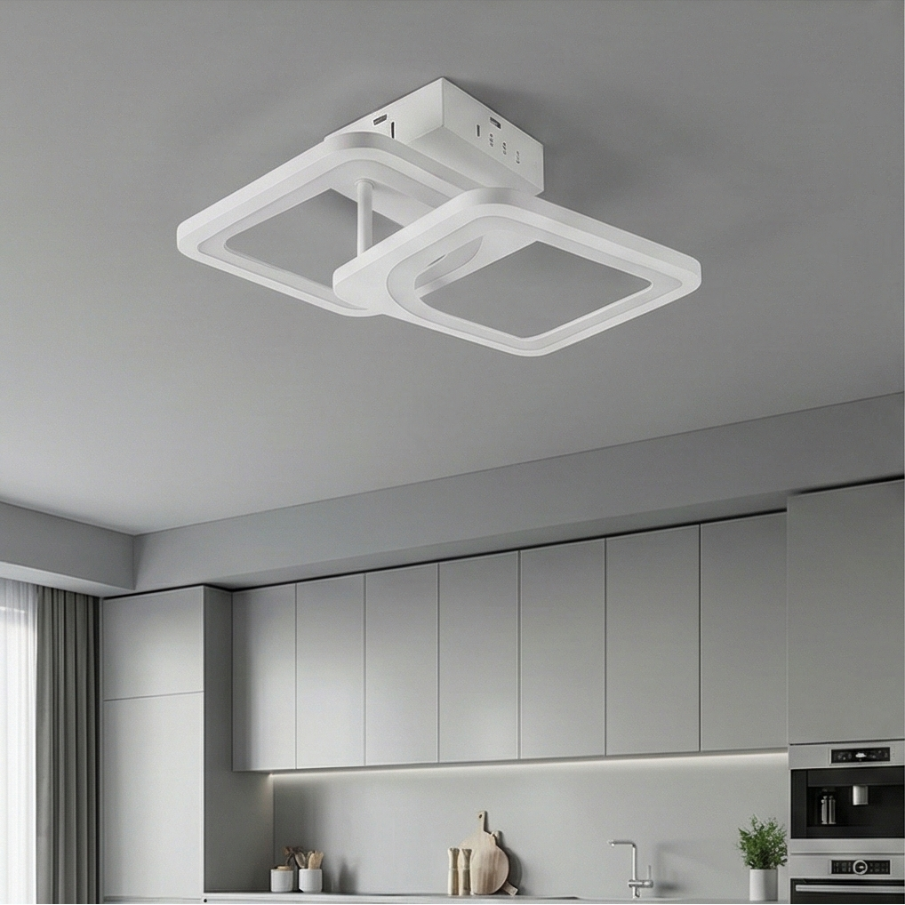 Lustra LED tavan 1+1 patrat alba, cu telecomanda, echivalent 300W, lustra moderna 40cm