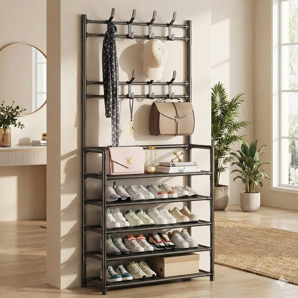 Cuier pentru haine cu suport pantofi, 5 rafturi , lungime 80 cm, Negru