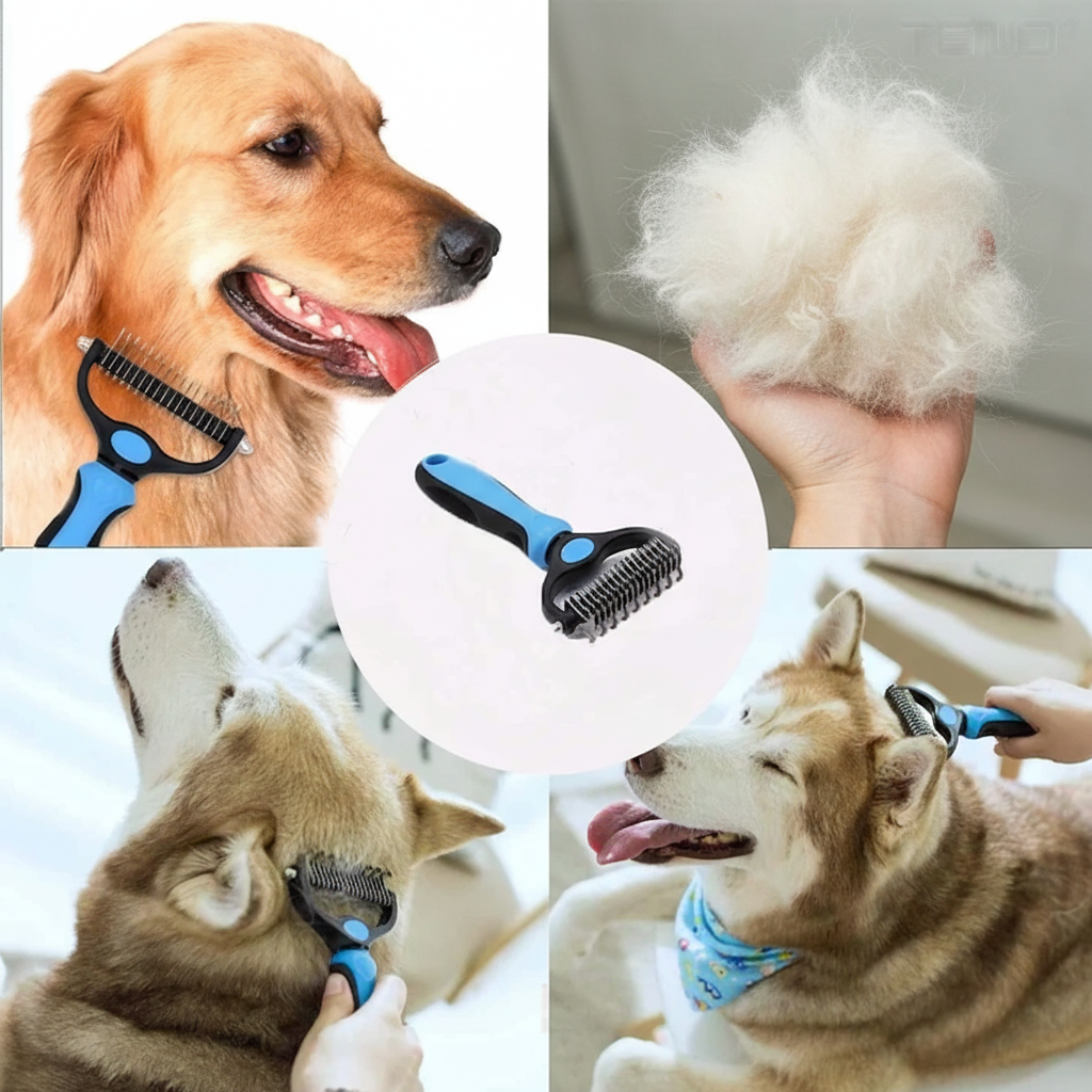 Perie profesionala pentru animale de companie, caini si pisici, din inox dublu, culoare albastră, pentru tuns, contur și descurcarea blănii, ideal pentru grooming acasă