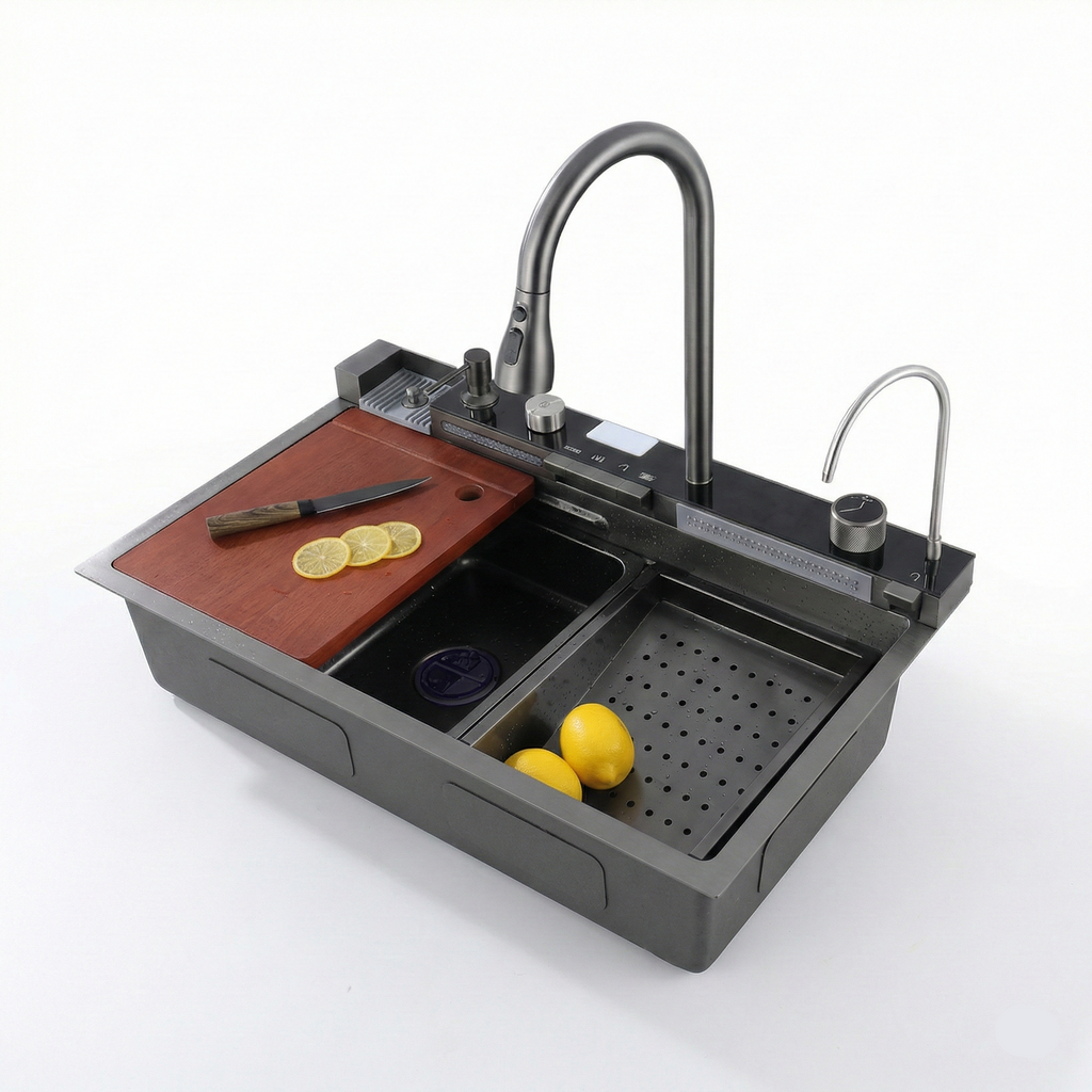 Chiuvetă Bucătărie Multifuncțională Negru Grafit, cu 2 Cascade, Robinet Tip Cascadă, Afișaj Digital Temperatură, Accesorii Incluse