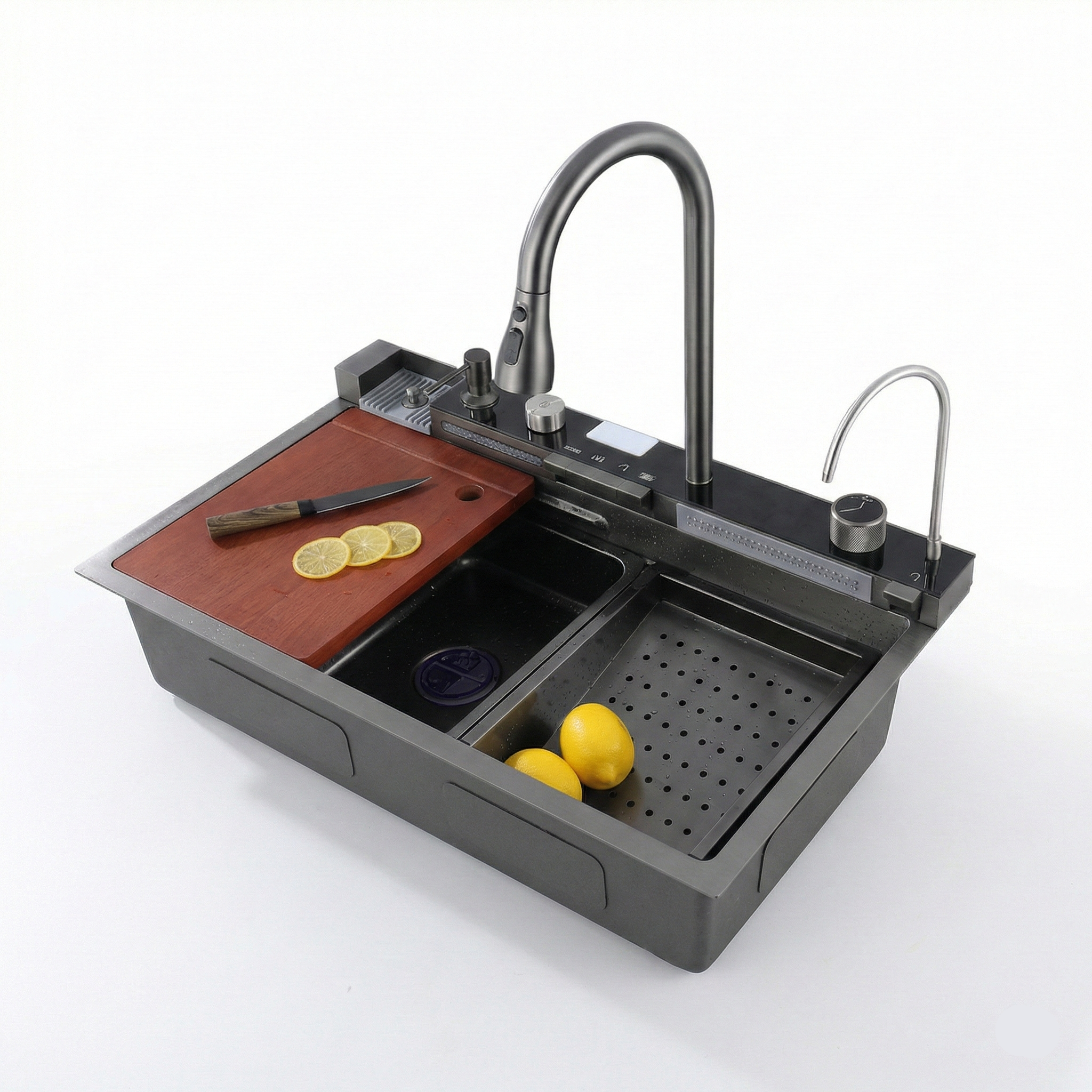 Chiuvetă Bucătărie Multifuncțională Negru Grafit, cu 2 Cascade, Robinet Tip Cascadă, Afișaj Digital Temperatură, Accesorii Incluse
