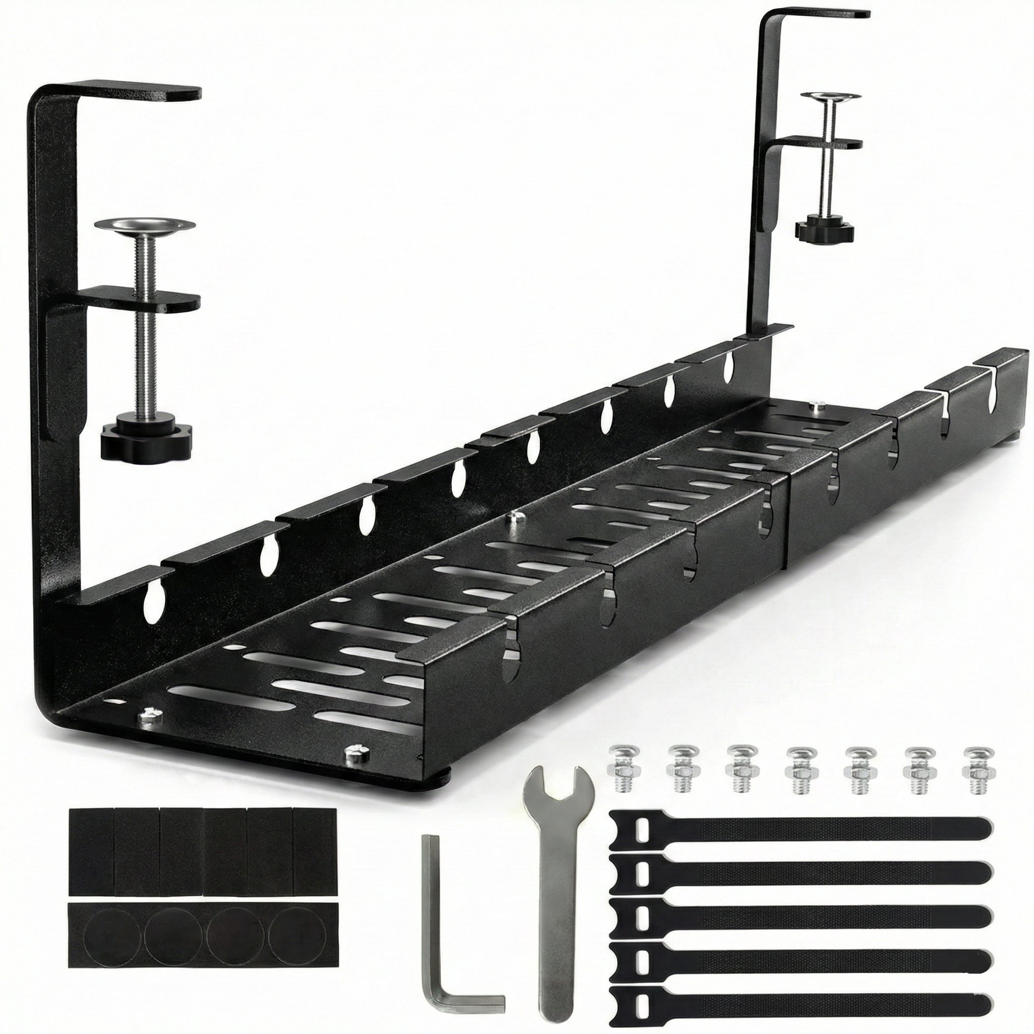 Organizator de cabluri sub birou, tava metalica cu clema, fara gaurire, extensibil 29–54,5 cm, negru