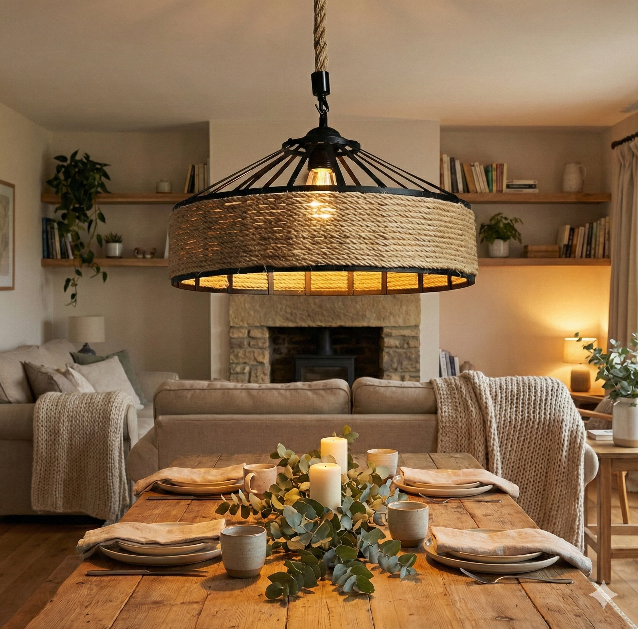 Pendul vintage cu frânghie, soclu E27 – lampă suspendată retro pentru living, dining, bar