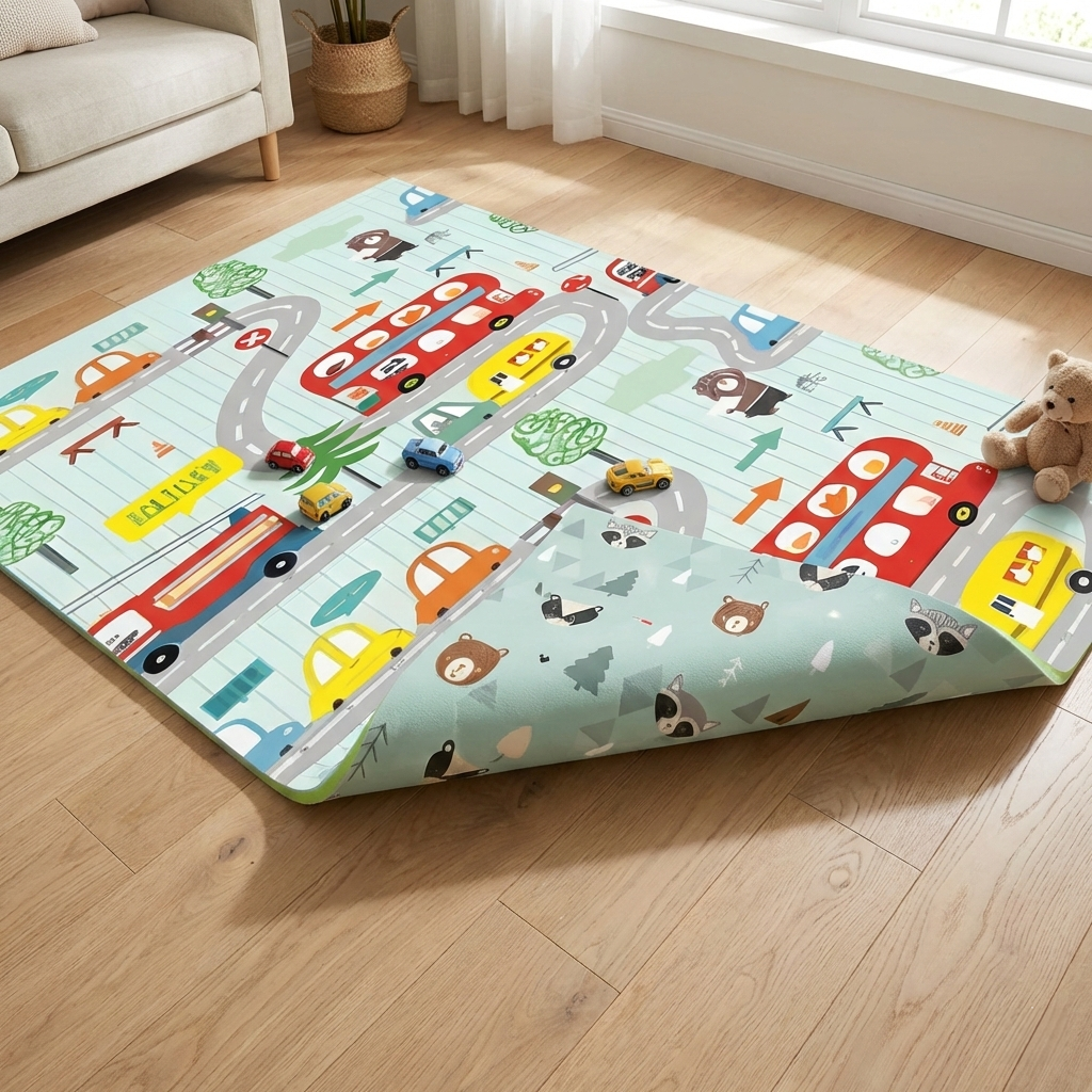 Covoraș de Joacă pentru Copii – Termic, Antiderapant, Pliabil, Protecție Împotriva Loviturilor, Model Șosea & Pădure, 200x180 cm, Grosime 1 cm, Multicolor