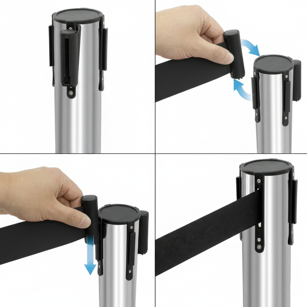 Set 2 stalpi delimitare cu banda retractabila 1.85 m, otel, baza grea