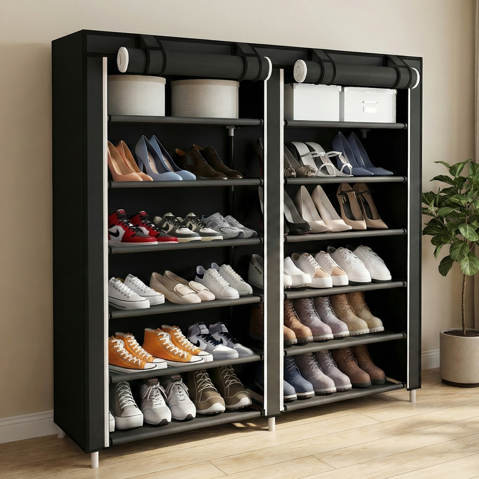 Dulap dublu textil, pentru incaltaminte, varianta negru 6 etaje 118x30x120 cm