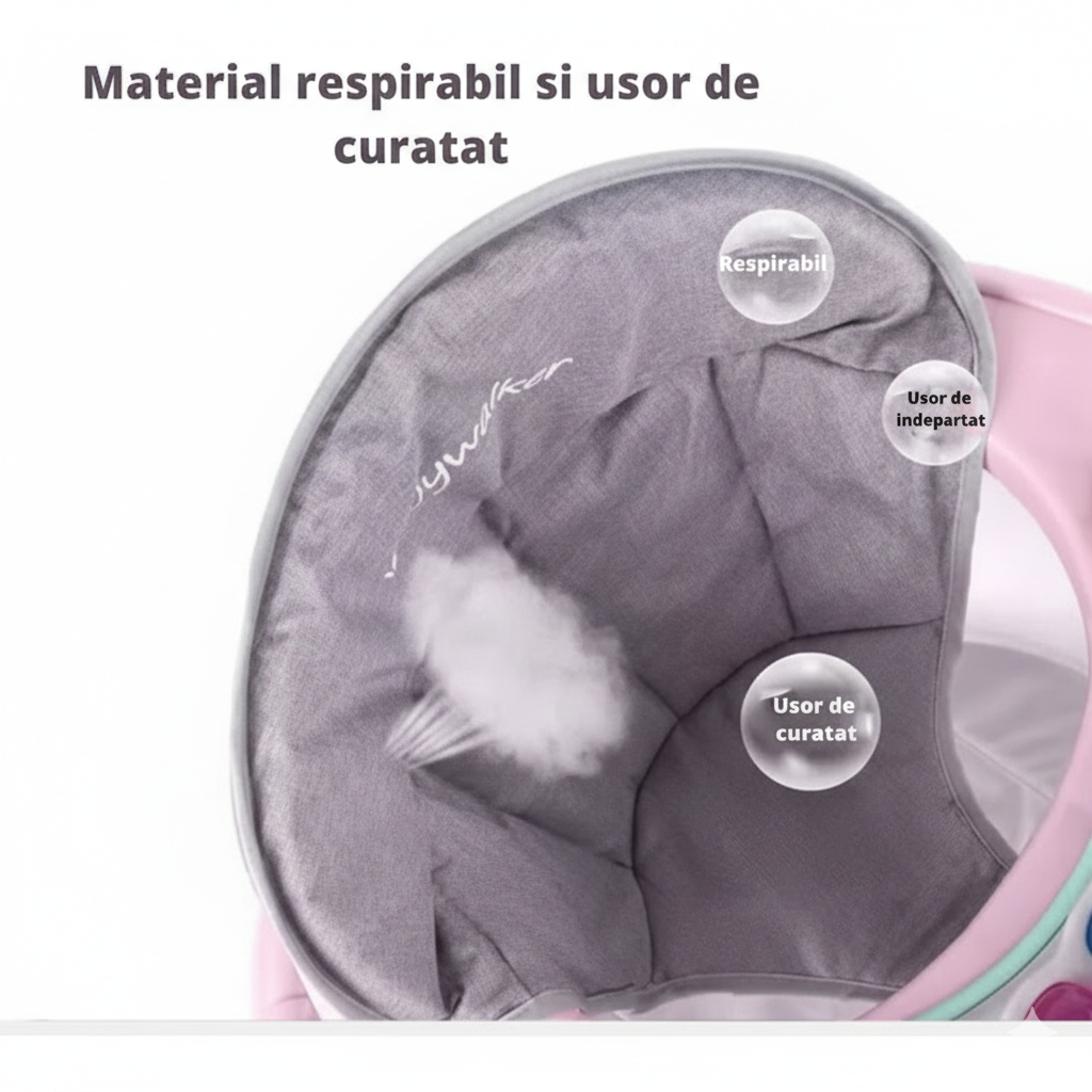 Premergator multifunctional pentru bebelusi, tava cu 3 jucarii si muzica, reglabil si pliabil, max 20 kg, 6–36 luni, roz
