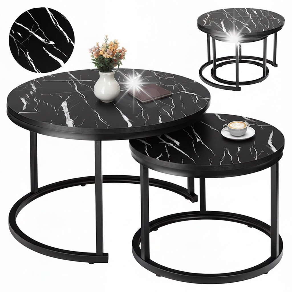 Set 2 masute de cafea negre cu efect marmura, diametru 80/60 cm