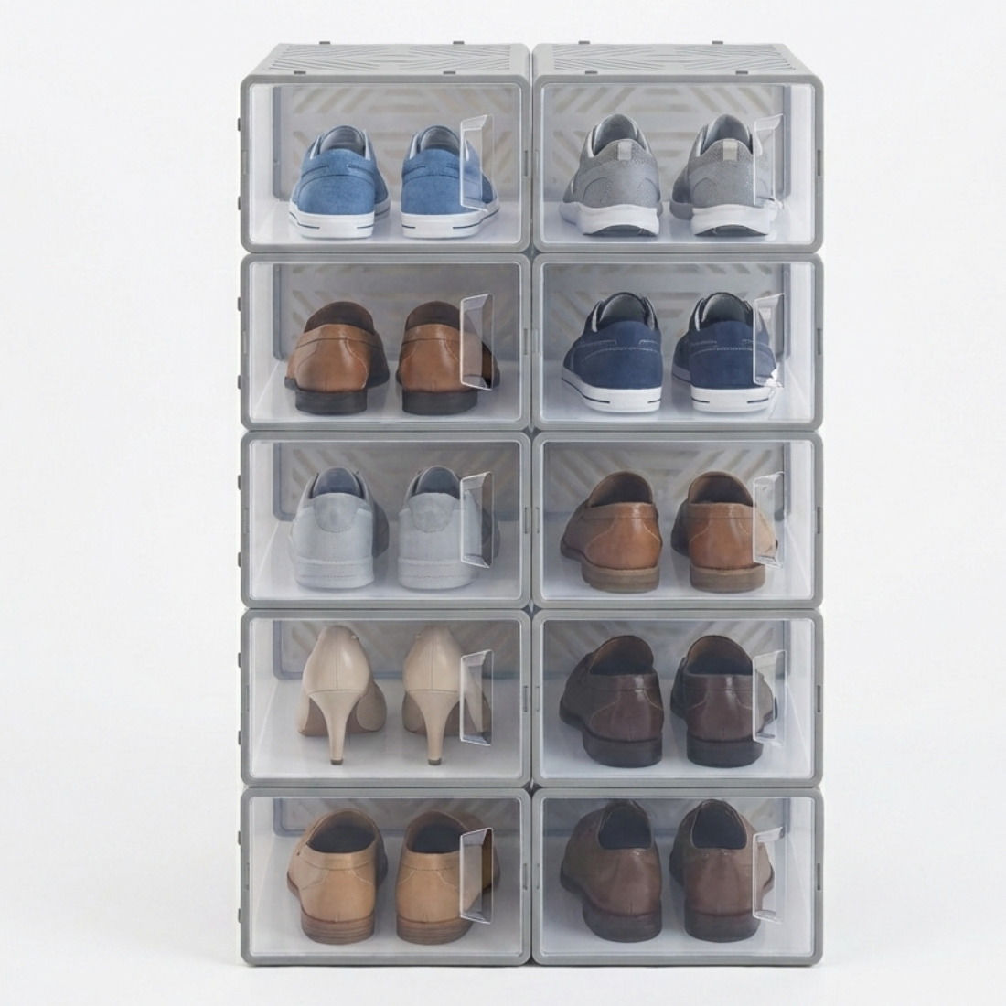 Dulap pentru pantofi modular, cu orificii de ventilatie, 10 cuburi, transparente, stivuibile